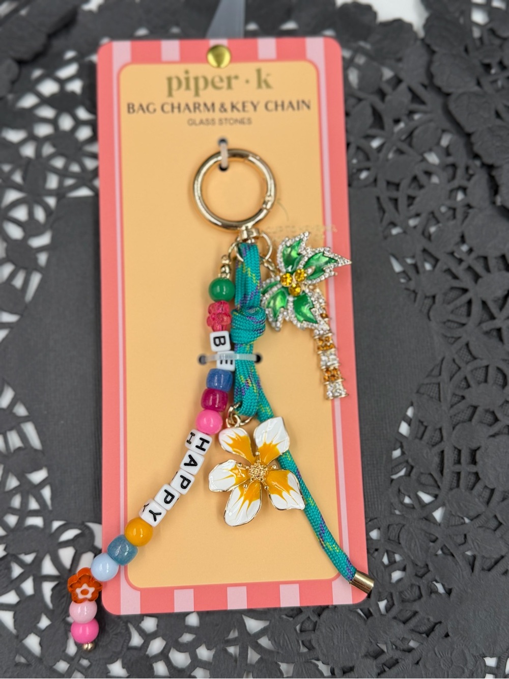 Piper K happy tropical flower palm tree bag charm keychain beachy